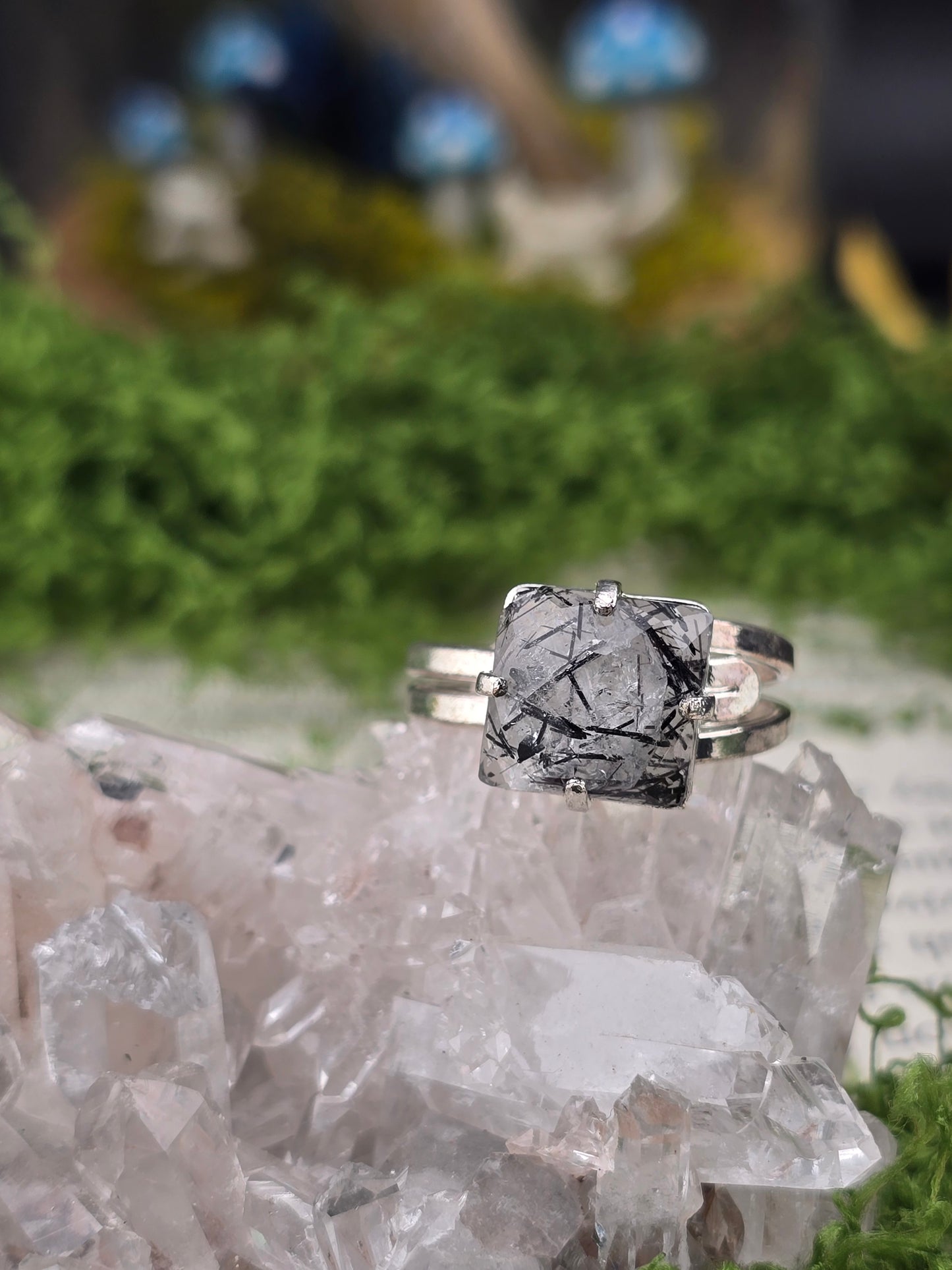 Black Tourmaline Quartz Adjustable Ring