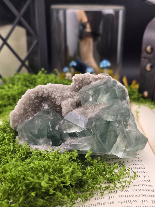 Cubic Daye Fluorite on sugary Quartz