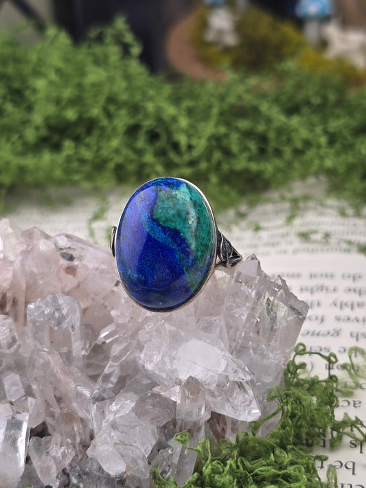 Azurite and Malachite 925 stamped adjustable ring