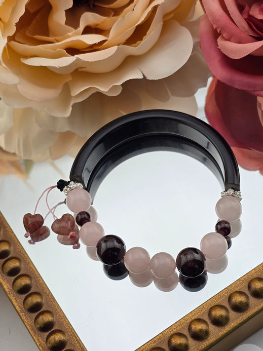 Rose Quartz, Star Garnet, and Silver Obsidian Half Bangle