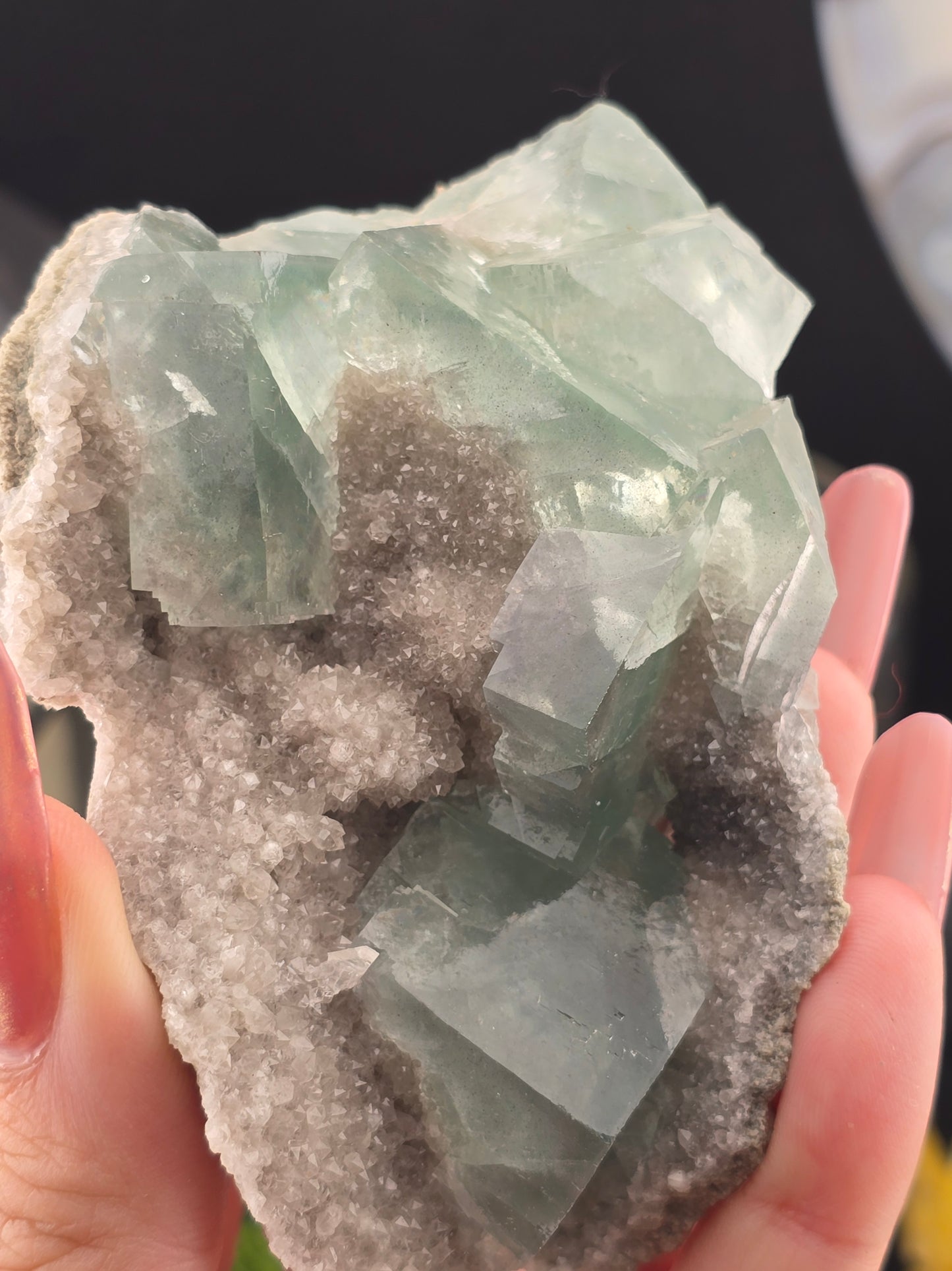 Cubic Daye Fluorite on sugary Quartz