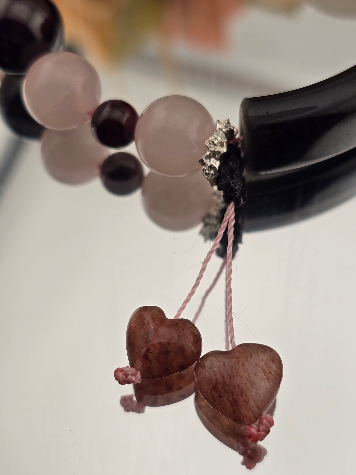 Rose Quartz, Star Garnet, and Silver Obsidian Half Bangle