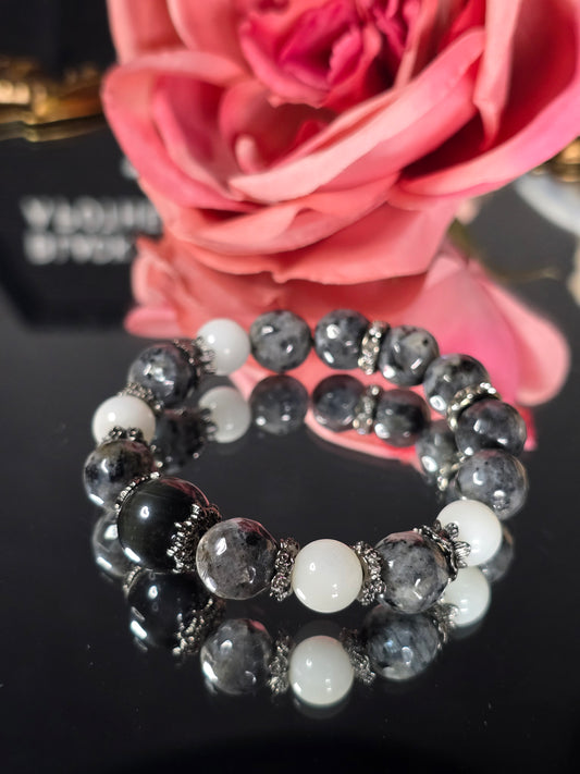 Rainbow Obsidian, White Moonstone, and Larvikite